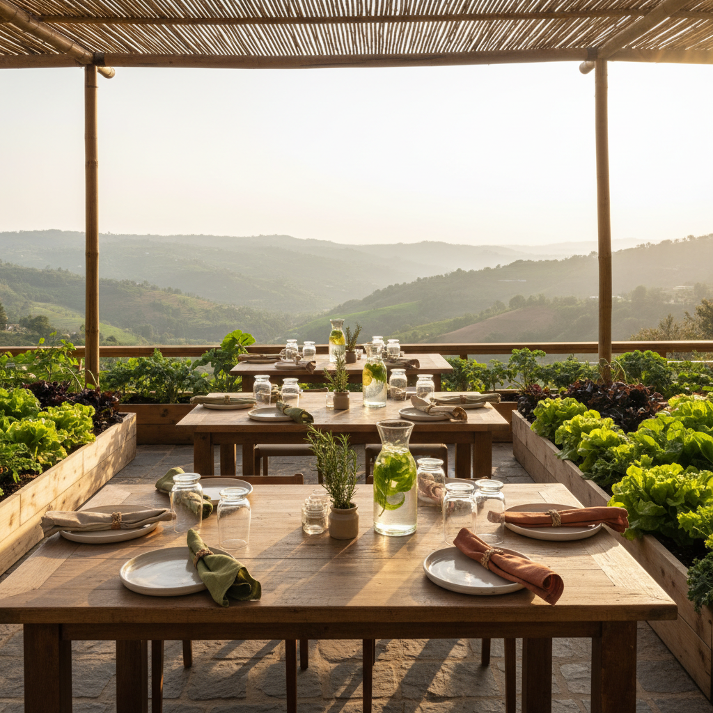 An inviting open-air organic dining terrace at a hillside retreat, with sturdy wooden tables set with simple stoneware plates, linen napkins in muted earth tones, and glass carafes filled with infused mountain spring water and fresh herbs. Raised garden beds brimming with vibrant lettuce, kale, and colorful edible flowers border the terrace, and beyond them, tiered green valleys descend into a hazy distance. Late-afternoon golden hour sunlight washes the scene in warm tones, catching the edges of glass and foliage, while overhead bamboo shades cast soft patterned shadows on the stone floor. Captured in photographic realism from a slightly elevated angle using the rule of thirds, the atmosphere feels relaxed yet refined, highlighting farm-to-table freshness and professional hospitality.