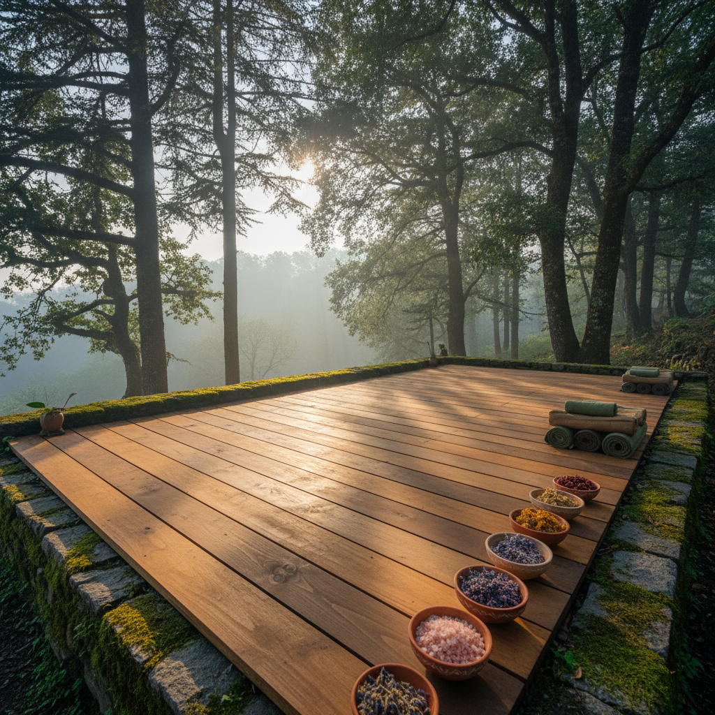 A secluded meditation and yoga deck within an organic retreat, crafted from warm-toned wooden planks and bordered by low stone walls covered in soft moss. Rolled natural-fiber mats in muted greens and browns rest neatly along one side, beside a row of small clay bowls holding Himalayan salt crystals and dried mountain flowers. Surrounding the deck, tall deodar and oak trees create a natural enclosure, with glimpses of distant hills between trunks. Early-morning diffused light filters through light mist, creating subtle beams and soft, elongated shadows on the deck. Captured in photographic realism from a low, slightly diagonal angle, the composition emphasizes depth and tranquility, evoking a serene, grounded atmosphere that reflects the organic, nature-immersed character of the stay.