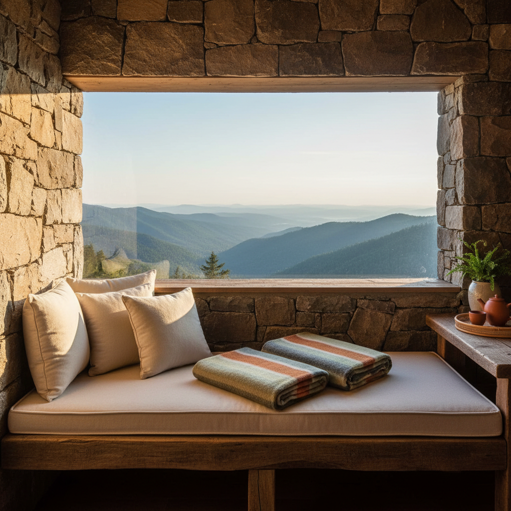 A cozy organic reading nook in a mountain lodge, featuring a deep, low wooden bench built into a stone wall, topped with thick, undyed cotton cushions and neatly arranged handwoven wool blankets in subtle earthy stripes. A wide window stretches along the bench, revealing layers of forested ridges cascading into a blue-tinged valley. On a small adjoining side ledge, a simple clay teapot and cup sit on a round bamboo tray beside a small potted fern. Late-afternoon natural light pours in through the window, creating a warm, inviting glow, bright highlights on the cushions, and soft shadows along the stone. Shot in photographic realism at eye level with a slight angle, the mood is intimate, contemplative, and professionally curated for relaxation.
