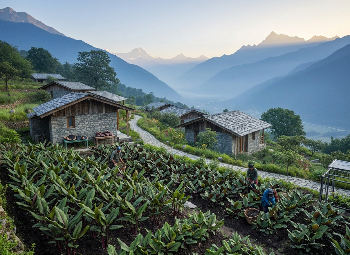 A panoramic view of a tranquil organic mountain retreat, with a cluster of low-rise stone-and-timber cottages topped by dark slate roofs, nestled among terraced green fields and dense oak and rhododendron forest. A cobbled pathway winds between the cottages, leading toward a distant valley framed by misty Himalayan peaks. Soft early-morning natural light bathes the scene in cool blues and gentle gold, creating long, delicate shadows and a crisp, clean atmosphere. Photographic realism at eye level, with sharp focus throughout, emphasizes the textures of natural materials and thriving vegetation. The mood is serene, professional, and welcoming, ideal for a luxury organic stay website hero image, with a clean, modern composition that leaves negative space in the upper sky area.